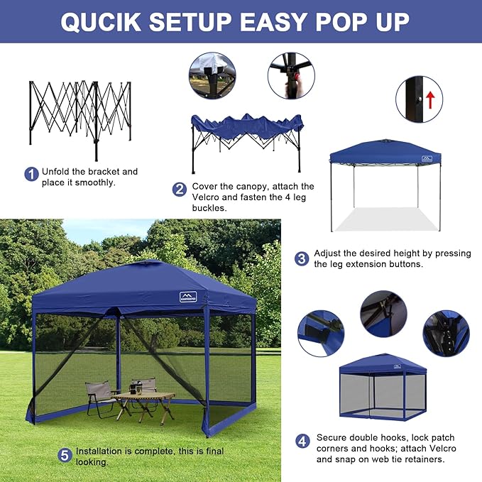 KAMPKEEPER 10x10 Pop Up Canopy with Mosquito Netting,Instant Outdoor Screen Tent Sun Shade for Events Patio Camping Picnic,Gazebo with 4 Sandbags,1 Wheeled Bag(Navy Blue)