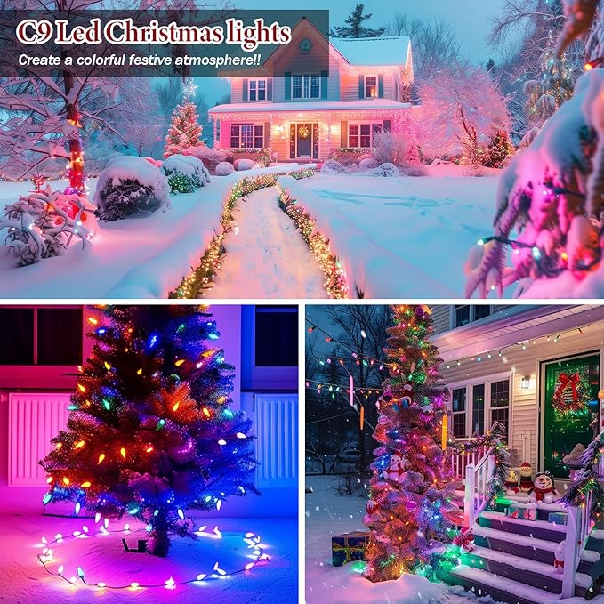 Kawaya Outdoor Christmas C9 LED String Lights - 25ft 25 Bulbs Multi Colored Indoor Decorations, IP65 Commercial Waterproof for Tree, Outside Roof, House, Walkway, Pathway