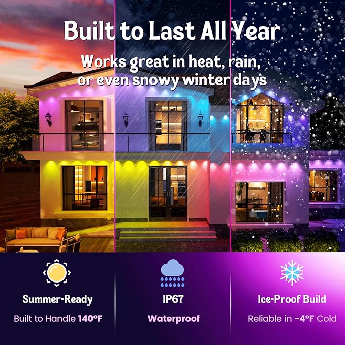HUTAKUZE Permanent Outdoor Lights, 100FT RGB Smart Eaves Lights, IP67 Waterproof LED Outdoor Strip for House, Music Sync, APP/Remote Control, 16 Million Colors