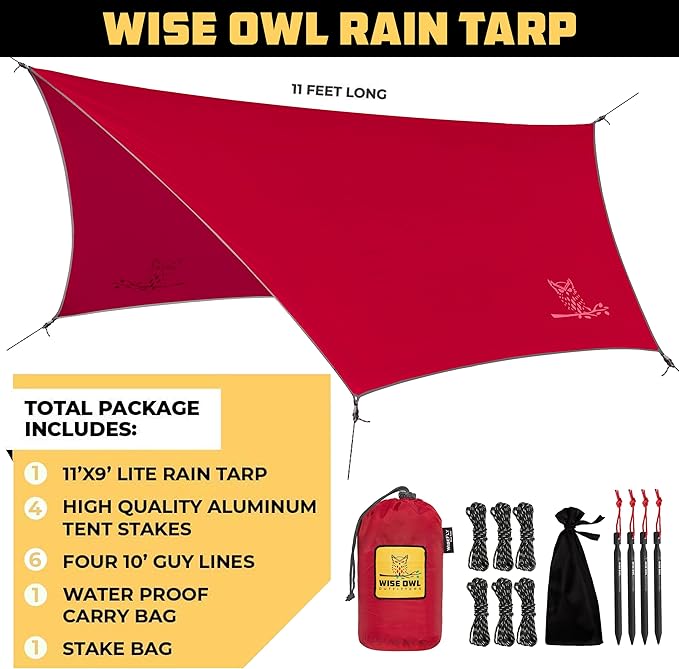 Wise Owl Outfitters Hammock Rain Fly – Waterproof Camping Tarp Cover with Tent Stakes & Carry Bag, Ultralight Shelter for Backpacking & Outdoor Shade
