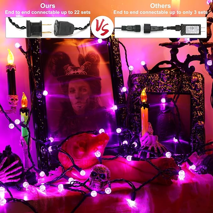 Brizled Purple Halloween Lights, 24.67ft 70 LED G12 Halloween String Lights, 120V Plugin Connectable Halloween Lights Green Wire Purple Lights for Halloween Christmas Tree Room Outdoor Indoor Decor