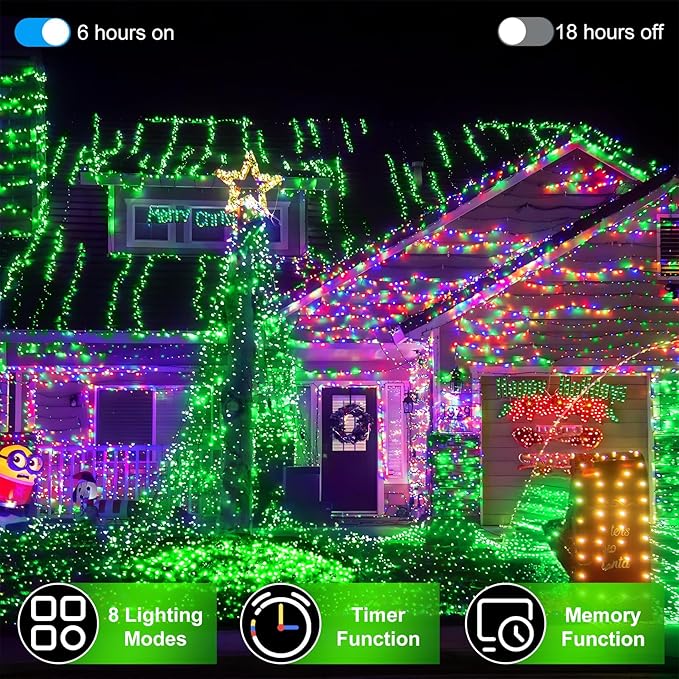 1500 LED 502FT Christmas String Lights Outdoor, Christmas Light with 8 Lighting Modes& Timer & Memory, Plug in Outdoor Waterproof Clear Wire Twinkle Light for for Xmas Yard Tree Party Decor Green