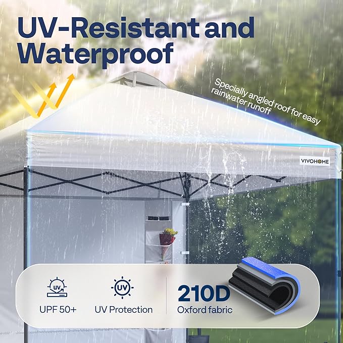 VIVOHOME 8x8ft Pop Up Canopy Tent with Sidewall and 6 Pockets, One Push Setup Outdoor Portable Shelter Tent Heavy Duty with Wheel Carry Bag and 4 Sandbags, White