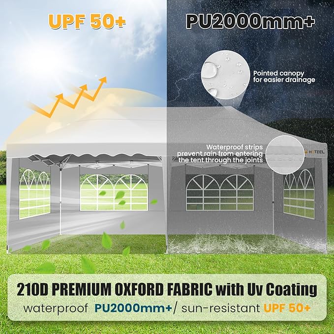 HOTEEL 10x20 Pop up Canopy Tent with 6 Removable Sidewalls, Wave Hem Roof 10x20 Canopy with Wheel Bag and 4 Sandbag, Commercial Pop up Tent Waterproof Sunshade for Wedding Party Stall(White)