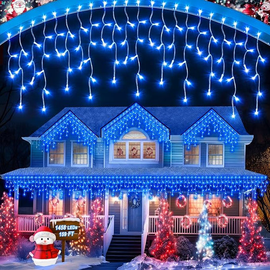 159 FT Christmas Lights Outdoor, 1458 LED Waterproof Outside Plug-in, Timer & Memory, 8 Modes Fairy Lights With 324 Drops for House Eaves Yard Patio Wedding Decorations, Blue