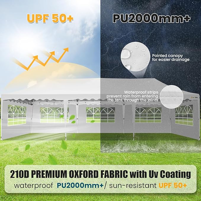 HOTEEL 10x30 Pop Up Canopy with 8 Sidewalls, UV 50+ and Waterproof Party Tent 10×30, Thickened Frame, Large Space Easy Pop Up Canopy, Outdoor Tent for Weddings, Beaches, Parties, Patio (White)
