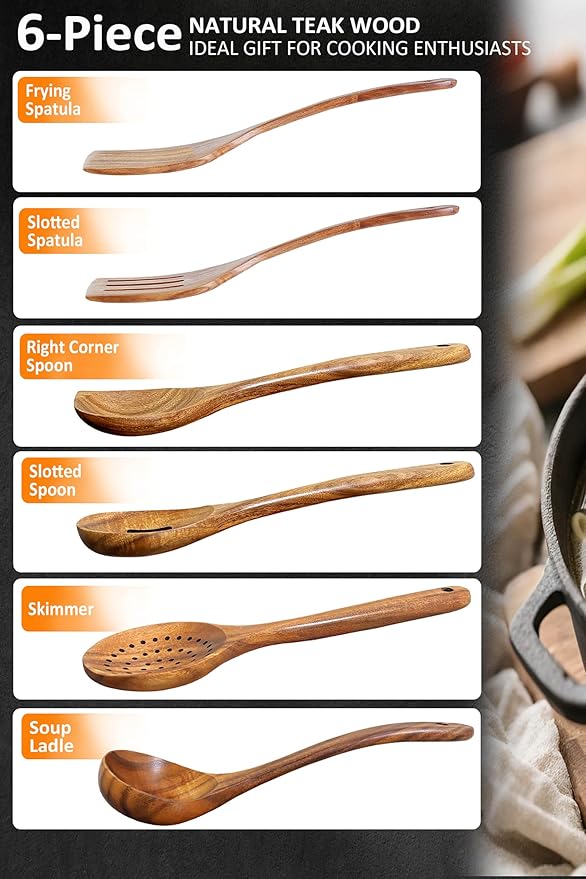 Wooden Spoons for Cooking, Natural Premium 6 Piece Teak Wooden Cooking Utensils Set, Large Heat Resistant Wooden Spoons and Wooden Spatulas for Nonstick Cookware Cooking Gifts