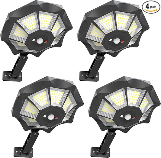 Kifflux Solar Lights Outdoor Waterproof, 8 Sides Solar Street Lights Outdoor Dusk to Dawn, 168LED Powered Flood Light with Motion Sensor, IP66 Waterproof Security Light for Outside Parking lot, 4 Pack