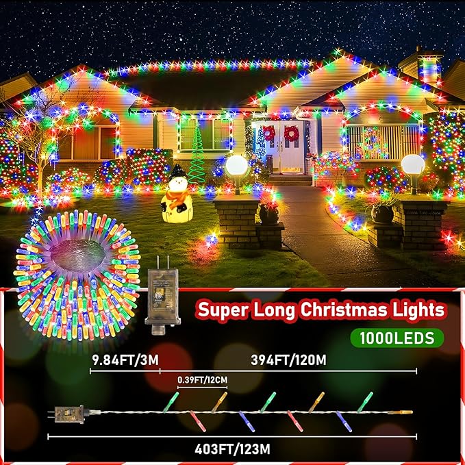 XURISEN Upgraded 403FT 1000 LED Christmas Lights Outdoor, Super Long String Lights 8 Modes & Memory Timer Plug in Fairy Lights for Xmas Tree Party Wedding Decor（Plug Cannot be Connected） -Multicolor