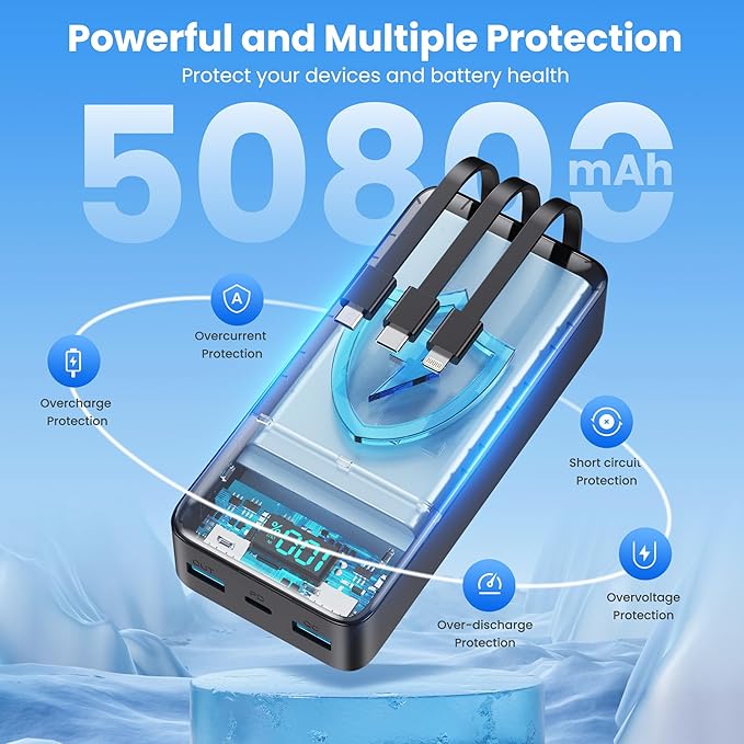 Portable Charger 50800mAh Power Bank with 3 Built-in Cable,25W PD USB C in&Out Power Bank Fast Phone Charging,QC4.0 LED Display Portable Battery Pack Compatible with iPhone 16/15, Galaxy Android-Black
