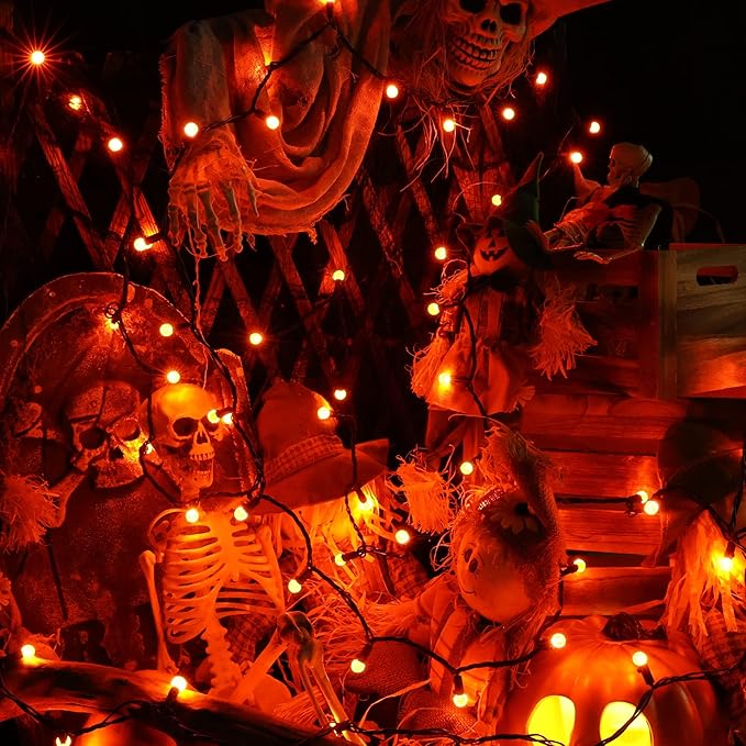 Brizled Orange Halloween Lights, 24.67ft 70 LED G12 Outdoor String Lights, 120V UL Listed Connectable for Tree, Party, Room Decor
