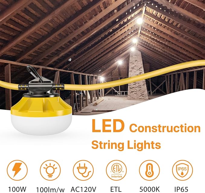 100FT Construction String Lights: 100W Led Construction String Lights with 5 Bulbs & Hooks, IP65 Attic Lighting 5000K Linkable Hanging Work Light for Crawlspace, Basement, Backyard