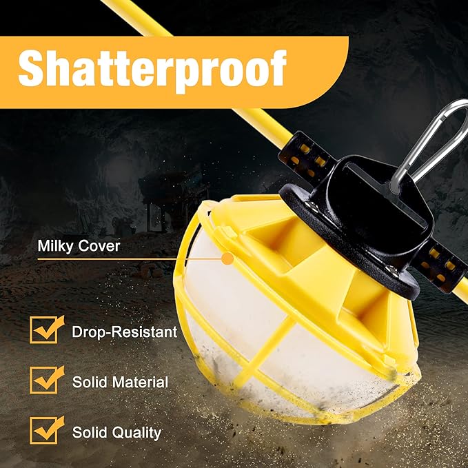 50FT Construction String Lights with Protective Cage, IP65 Waterproof LED String Work Lights, 5000K Daylight 18AWG Wire Linkable Temporary Construction Lighting for Jobsite with 5 Bulbs & Hooks