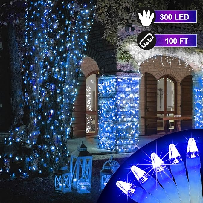 300LED 100FT Christmas String Lights, 8 Modes Fairy Lights Connectable, Indoor Outdoor LED String Lights with Timer & Memory for Christmas Tree Bedroom Yard Door Wedding Xmas Classroom Decor (Blue)