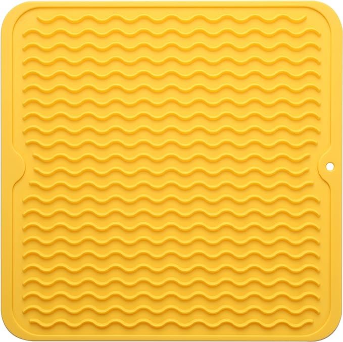 Silicone Dish Drying Mat for Multiple Usage,Easy clean,Eco-friendly,Heat-resistant Silicone Mat for Kitchen Counter or Sink,Refrigerator or Drawer liner Yellow M 12 inches x 12 inches