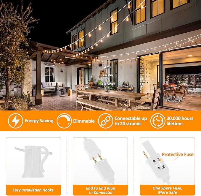 Achin Outdoor String Lights 100FT G40 Globe Patio Lights Outdoor Waterproof with 50+2 Shatterproof LED Bulbs 2700K Dimmable String Lights for Outside Backyard Party Wedding, White Wire