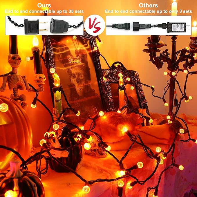 Brizled Orange Halloween Lights, 24.67ft 70 LED G12 Outdoor String Lights, 120V UL Listed Connectable for Tree, Party, Room Decor