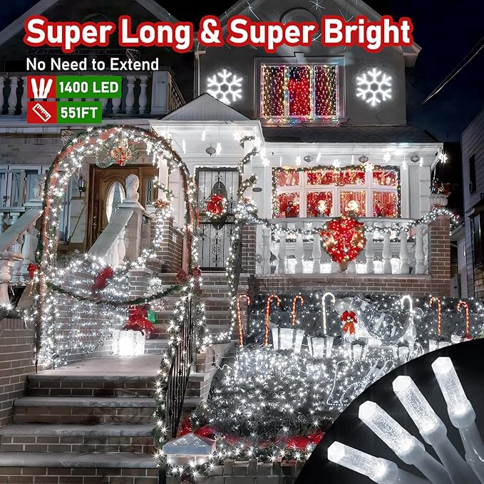 XURISEN Upgraded 561FT 1400 LED Christmas Lights Outdoor, Super Long String Lights 8 Modes & Memory Timer Plug in Fairy Lights for Home Xmas Tree Party Wedding Decor -Cool White
