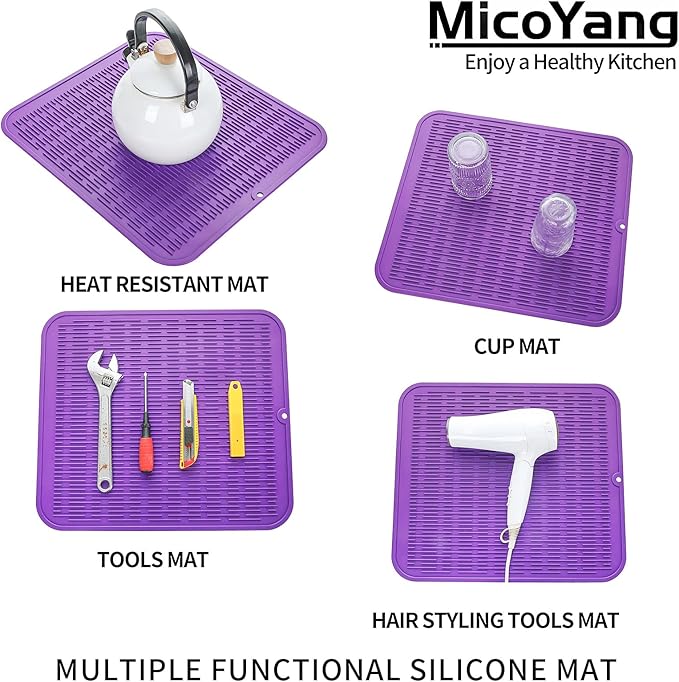 Silicone Dish Drying Mat for Multiple Usage,Easy clean,Eco-friendly,Heat-resistant Silicone Mat for Kitchen Counter or Sink,Refrigerator or Drawer Liner Purple XL 18 inches x 16 inches