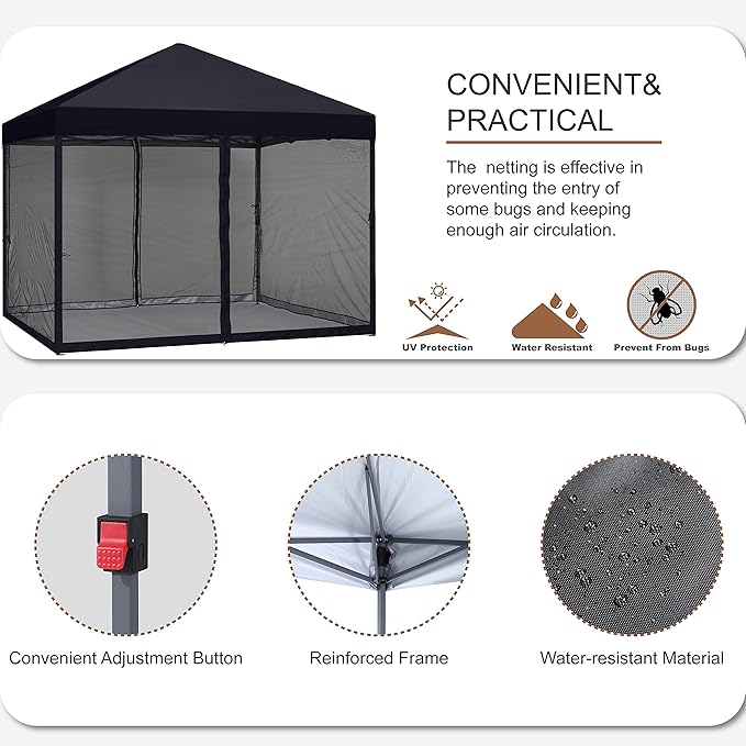 MASTERCANOPY Pop-Up Setup Outdoor Canopy with Netting Screen Walls (10x10, Black)