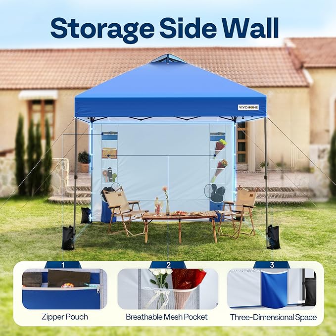 VIVOHOME 8x8ft Pop Up Canopy Tent with Sidewall and 6 Pockets, One Push Setup Outdoor Portable Shelter Tent Heavy Duty with Wheel Carry Bag and 4 Sandbags, Blue