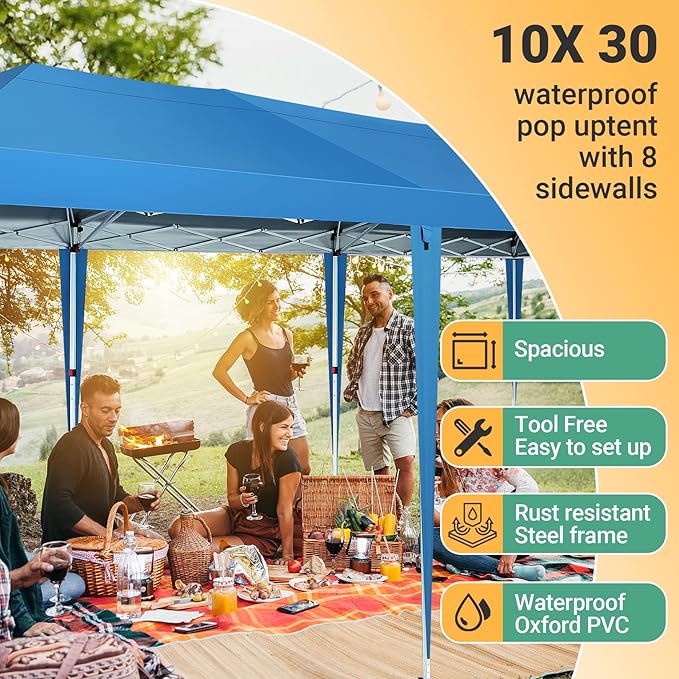 COBIZI 10x30 Pop Up Canopy Tent for Parties with 8 Sidewalls Waterproof Commercial Instant Canopy 10x30 Party Tent for Backyard, Wedding Portable Outdoor Gazebo with Carrybag&4 Sandbags