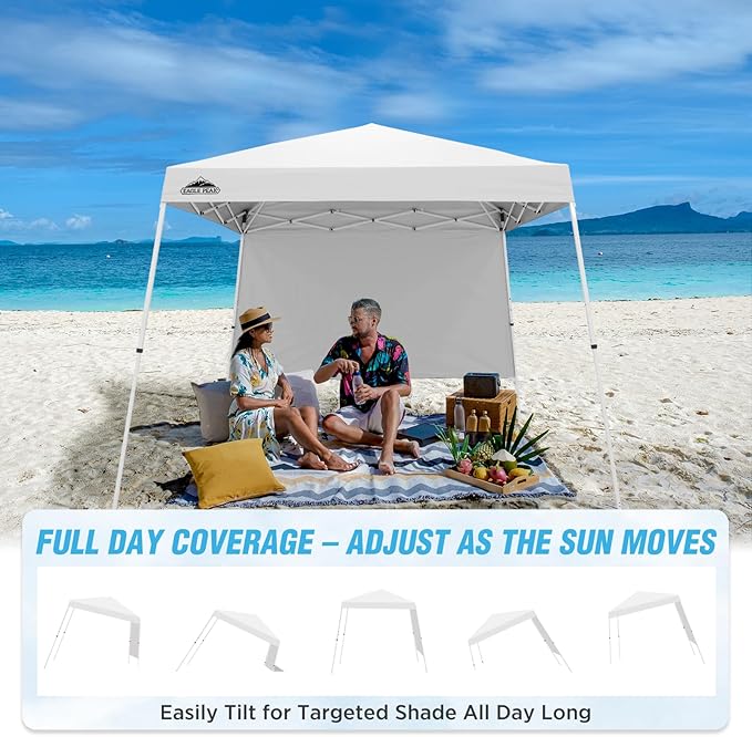 EAGLE PEAK 10x10 Pop Up Canopy Tent with Sidewall, Compact, Portable Slant Leg Instant Sun Shelter for Beach, Sports, & Camping, 10x10 Base 8x8 Top, White