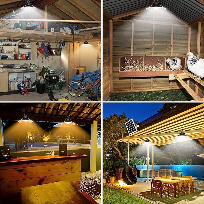 Solar Shed Lights Indoor Outdoor Aqonsie Dual Solar Pendant Daytime Work Lights with 3 Colors Temperature & 5 Lighting Modes+2 Timers, 1200LM Solar Motion Indoor Lights with Remote for Gazebo Barn