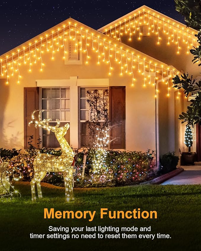 159 FT Christmas Lights Outdoor, 1458 LED Waterproof Outside Christmas Lights Plug in, Timer & Memory, 8 Modes Fairy Lights with 324 Drops for House Eaves Yard Patio Wedding Decorations, Warm White