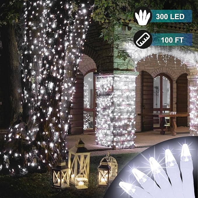 100 FT 300 LED String Lights Indoor, 8 Modes Cool White Fairy Tree Lights Outdoor Connectable, Timer & Memory Christmas String Lights for Bedroom, Home, Yard, Door, Wedding, Xmas Decor