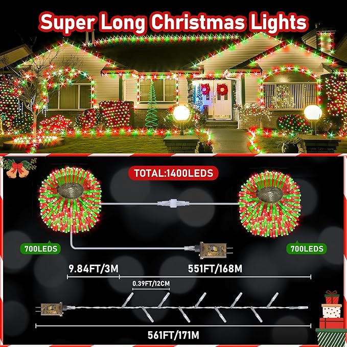 XURISEN Upgraded 561FT 1400 LED Christmas Lights Outdoor, Super Long String Lights 8 Modes & Memory Timer Plug in Fairy Lights for Home Xmas Tree Party Wedding Decor -Red and Green