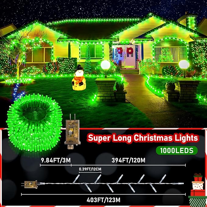 XURISEN Upgraded 403FT 1000 LED Christmas Lights Outdoor, Super Long String Lights 8 Modes & Memory Timer Plug in Fairy Lights for Home Xmas Tree Party Wedding Decor -Green