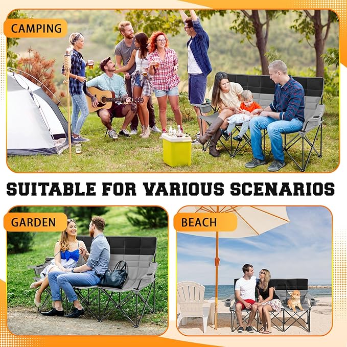Oversized Double Camping Couch Chair Outdoor Fully Padded Folding Sofa, 3 Person Capacity Camping Chair, Extra Large Sturdy Bench for Campsites, Soccer Games, Backyard Party, Fall Outdoor Activities