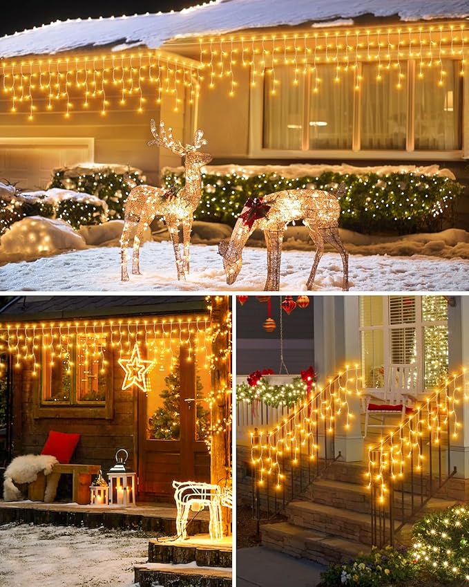 Christmas Lights Outdoor, 53 FT 486 LED Christmas Light for Outside, Timer & Memory, Plug in 8 Modes Hanging Fairy Light with 108 Drops for House Eaves Yard Patio Holidays Decorations, Warm White