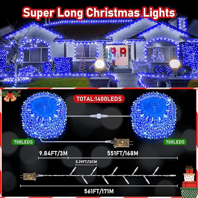 XURISEN Upgraded 561FT 1400 LED Christmas Lights Outdoor, Super Long String Lights 8 Modes & Memory Timer Plug in Fairy Lights for Home Xmas Tree Party Wedding Decor -Blue