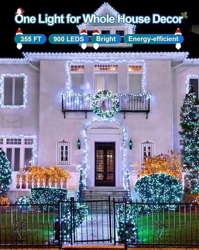 355FT 900 LED Christmas Lights, Extra Long Outdoor String Lights Waterproof, Timer & Memory, 8 Modes Dimmable Plug in Fairy Lights for Classroom Outside Tree Wedding Holiday Decorations, Cool White