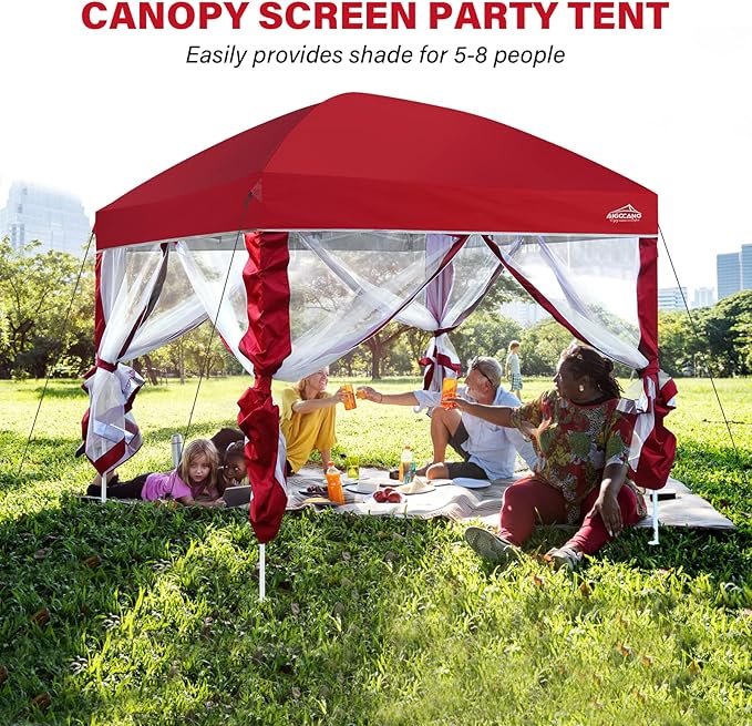 Canopy Tent with Netting Screen,10x10 Easy Pop Up Gazebo for Outdoor Parties,Camping,Foldable Patio Gazebo with Roller Bag and 4 Sandbags (Red)