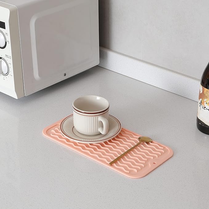 Silicone Dish Drying Mat for Multiple Usage,Easy clean,Eco-friendly,Heat-resistant Silicone Mat for Kitchen Counter or Sink,Refrigerator or Drawer Liner Pink S 12 inches x 6 inches