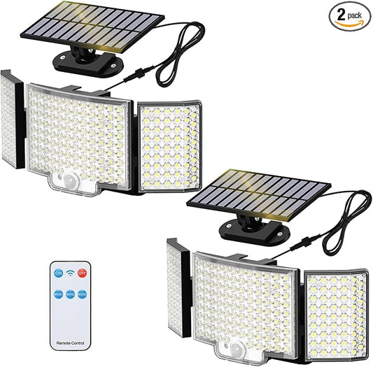Adiding Solar Lights Outdoor, Bright 212 LEDs Flood Light 270° Wide Angle, Remote Control 3 Modes Motion Sensor Outdoor Lights, Solar Powered Security Light with 16.4 ft Cable for Garage Yard, 2 Pack