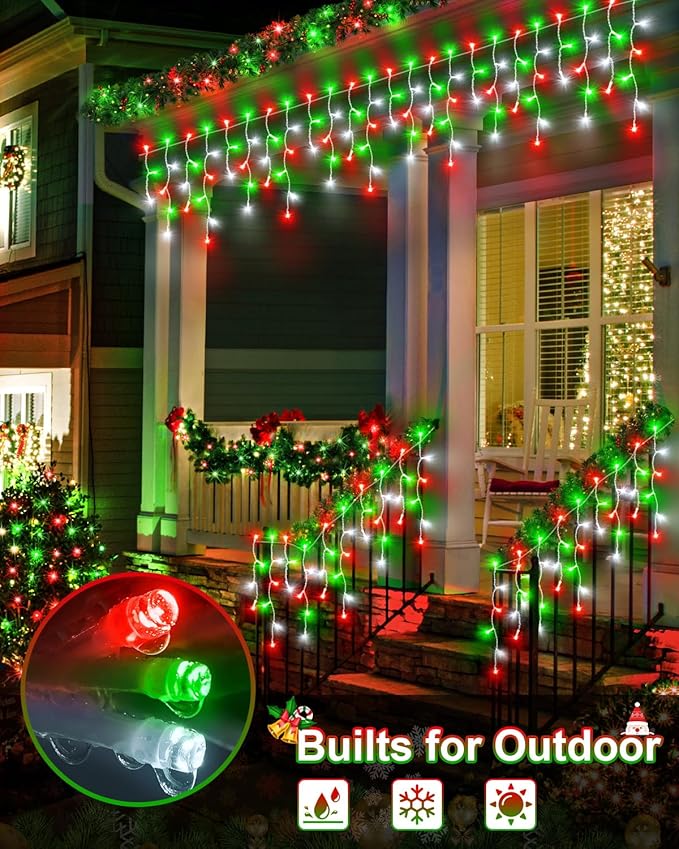Christmas Lights Outdoor, 53 FT 486 LED Christmas Lights for Outside, Timer & Memory, Plug in 8 Modes Hanging Fairy Light with 108 Drops for House Eaves Yard Patio Decorations, Red Green and White