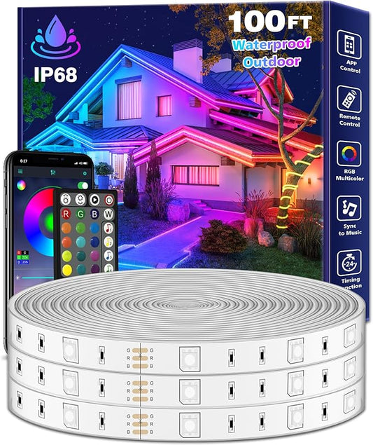 100Ft Outdoor LED Strip Lights Waterproof,Music Sync RGB IP68 Outside Led Light Strips Waterproofs with App and Remote,Exterior Led Rope Lights Waterproof for Deck,Balcony,Roof,Garden,Pool