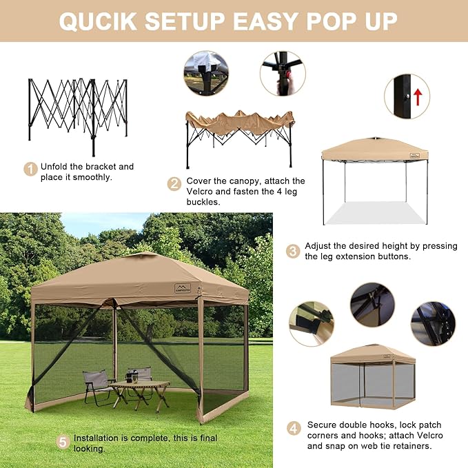 KAMPKEEPER 10x10 Pop Up Canopy with Mosquito Netting,Instant Outdoor Screen Tent Sun Shade for Events Patio Camping Picnic,Gazebo with 4 Sandbags,1 Wheeled Bag(Khaki)