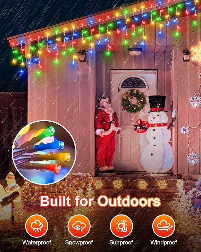 Christmas Lights Outdoor, 53 FT 486 LED Christmas Lights for Outside, Timer & Memory, Plug in 8 Modes Hanging Fairy Lights with 108 Drops for House Eaves Yard Patio Holidays Decorations, Multicolor