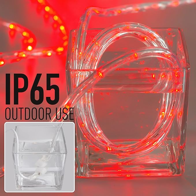 Waterproof LED Rope Lights, Connectable & Flexible with 8 Modes, Outdoor Lighting for Deck, Garden, Pool, Patio & Christmas Decor (RED, 50FT)