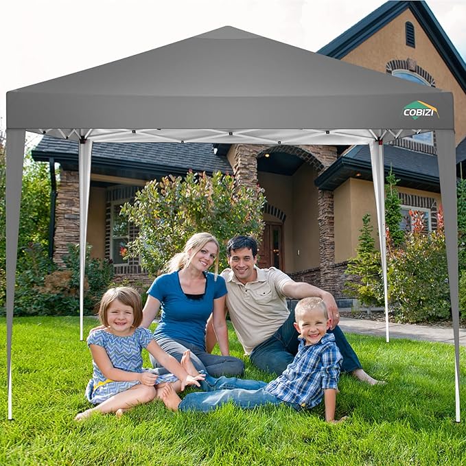 COBIZI 10x10 Pop Up Canopy Tent with 4 Sandbags, Easy Set Up Tent, Instant Outdoor Sun Shelter Canopy with 8 Stakes,4 Ropes&Carry Bag, Tents for Parties, Beach, Backyard,Camping(Gray