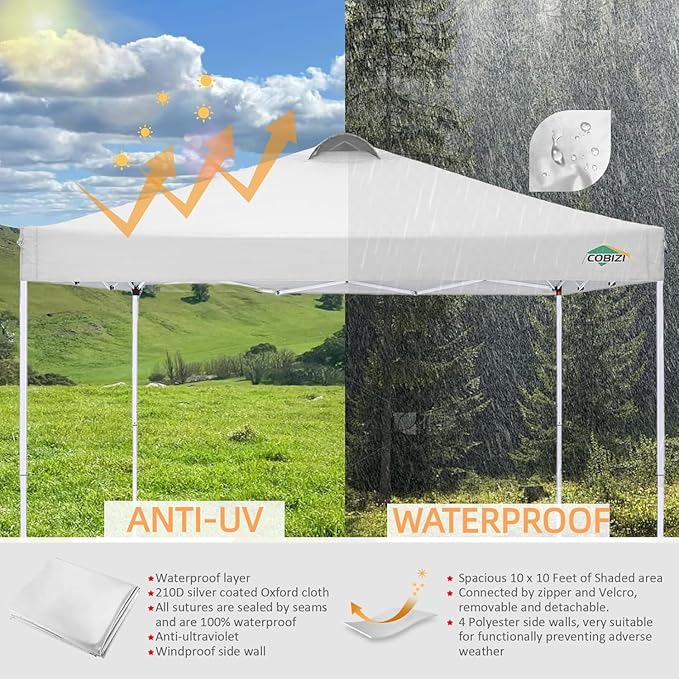 COBlZI 10x10 Pop Up Canopy Tent with 4 Removable Sidewalls，Waterproof Commercial Easy up Adjustable Gazebo with Air Vent, 4 Sandbags，4 Stakes & 8 Ropes（Tents for Party/Exhibition,White