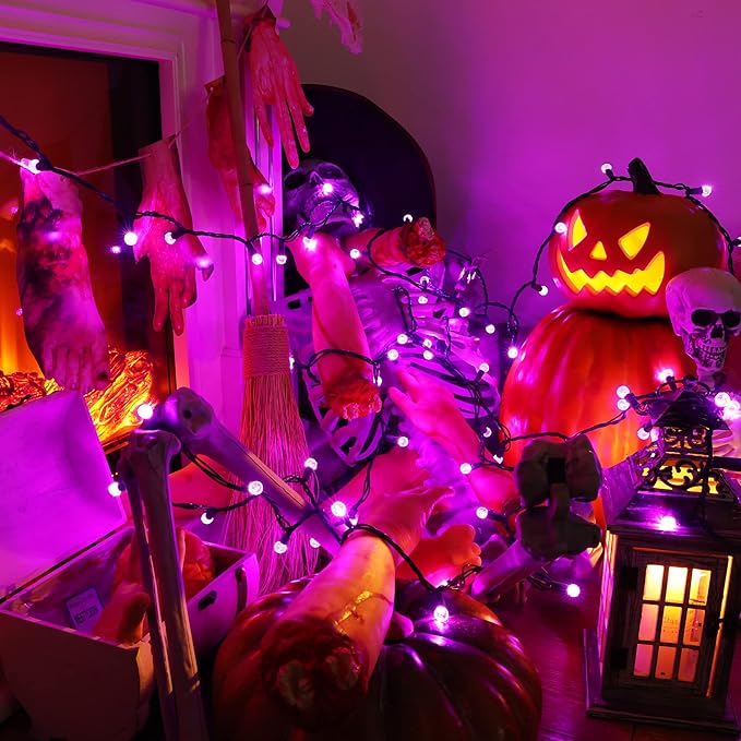 Brizled Purple Halloween Lights, 24.67ft 70 LED G12 Halloween String Lights, 120V Plugin Connectable Halloween Lights Green Wire Purple Lights for Halloween Christmas Tree Room Outdoor Indoor Decor