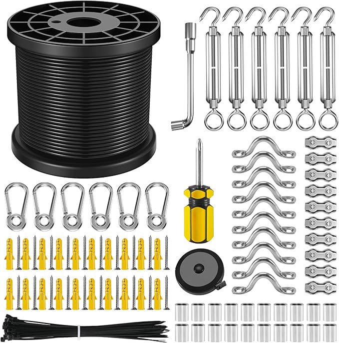 NEREUS String Light Hanging Kit with 200 Ft Vinyl Coated 304 Stainless Steel Cable, String Light Suspension Kit, Guide Wire with Turnbuckles and Hooks for Patio, Backyard Lighting Accessories