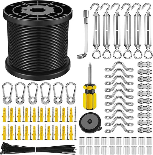 NEREUS String Light Hanging Kit with 200 Ft Vinyl Coated 304 Stainless Steel Cable, String Light Suspension Kit, Guide Wire with Turnbuckles and Hooks for Patio, Backyard Lighting Accessories