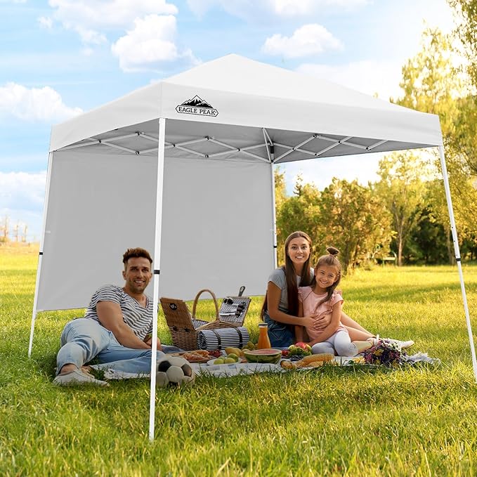 EAGLE PEAK 10x10 Pop Up Canopy Tent with Sidewall, Compact, Portable Slant Leg Instant Sun Shelter for Beach, Sports, & Camping, 10x10 Base 8x8 Top, White
